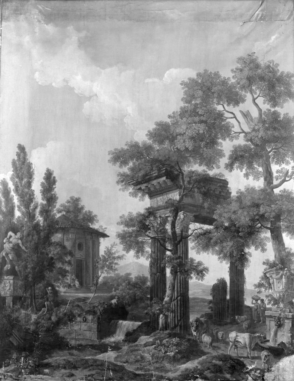 Behangsel met Arcadisch landschap, behorend bij de zaal van de Herengracht 40 door Jurriaan Andriessen