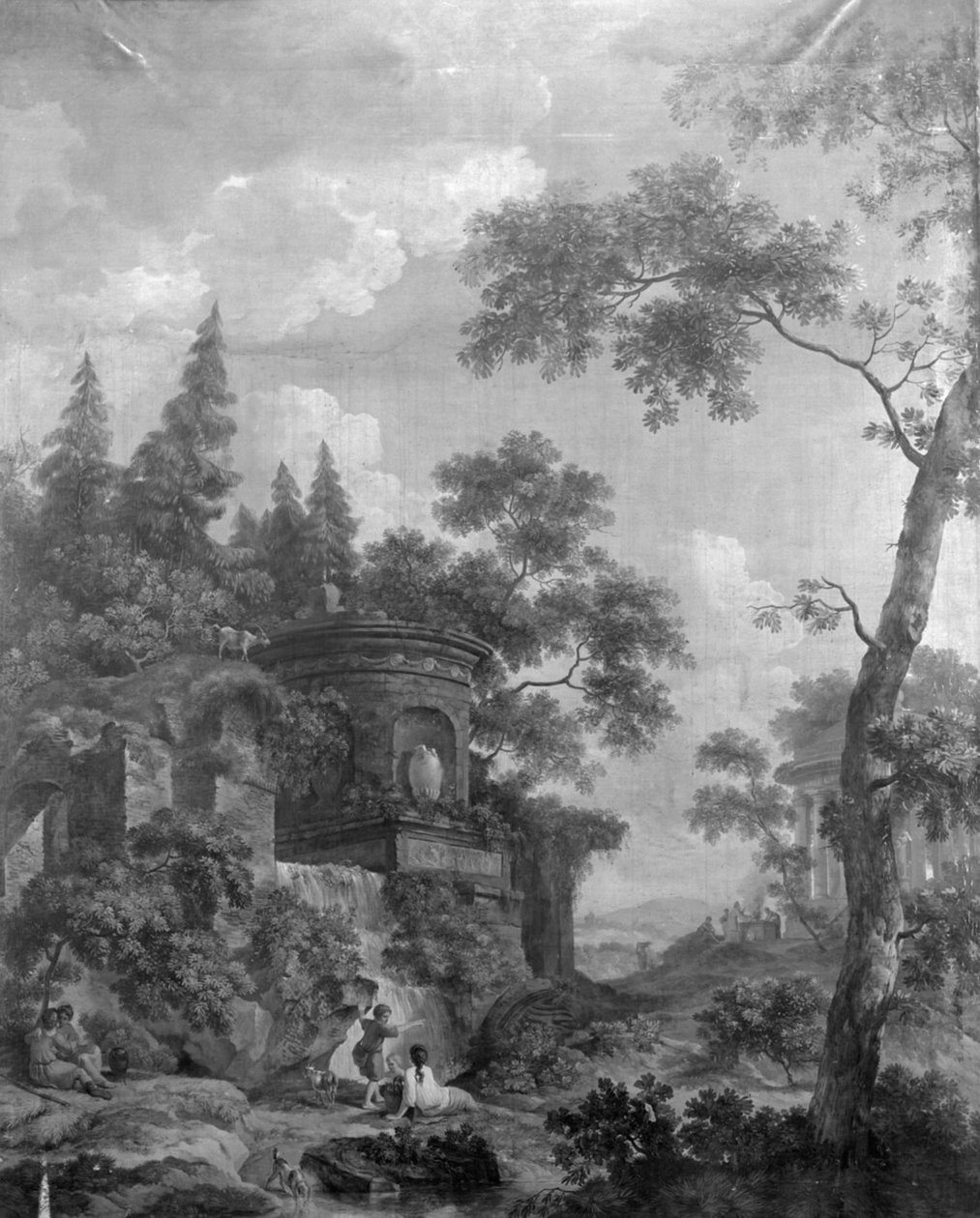 Behangsel met Arcadisch landschap, behorend bij de zaal van de Herengracht 40 door Jurriaan Andriessen