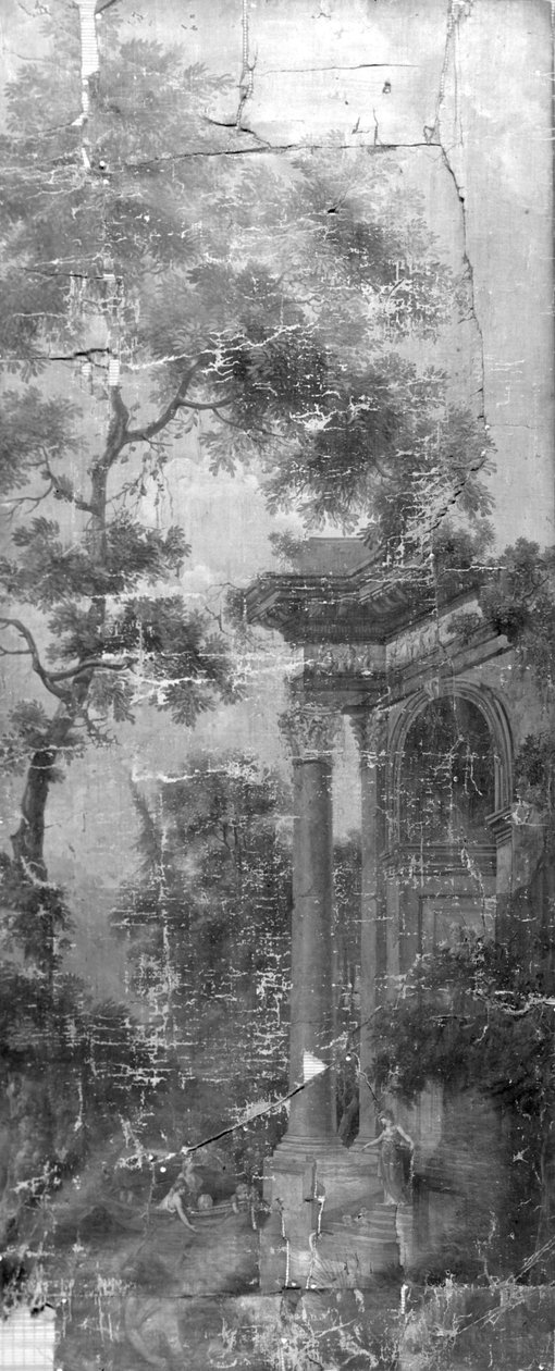 Behangsel met Arcadisch landschap, behorend bij de zaal van de Herengracht 40 door Jurriaan Andriessen