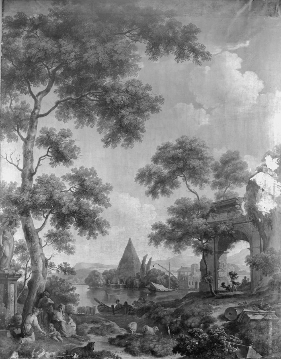 Behangsel met Arcadisch landschap, behorend bij de zaal van de Herengracht 40 door Jurriaan Andriessen