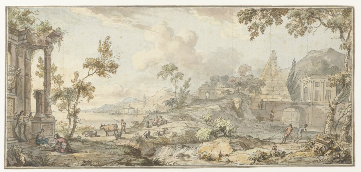 Ontwerp voor een kamerbeschildering met zuidelijk kustlandschap en piramide door Jurriaan Andriessen