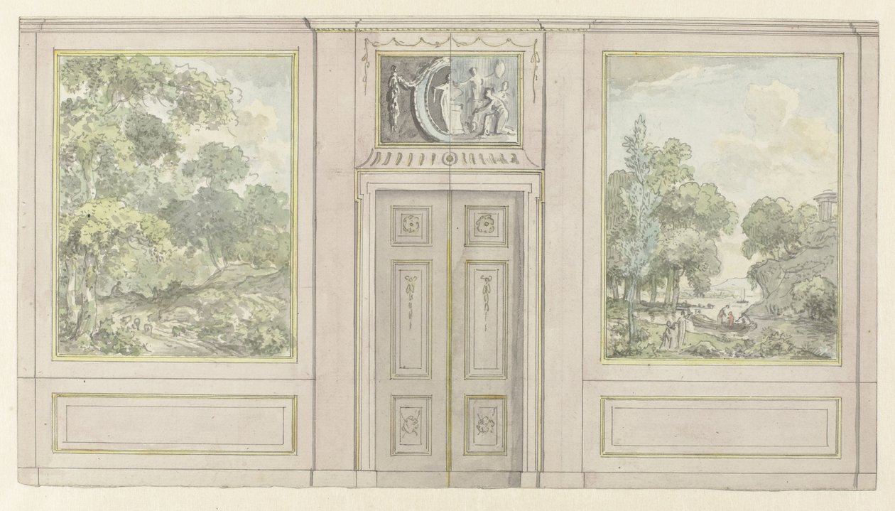 Ontwerp voor kamerwand met twee varianten voor het bovendeurstuk door Jurriaan Andriessen