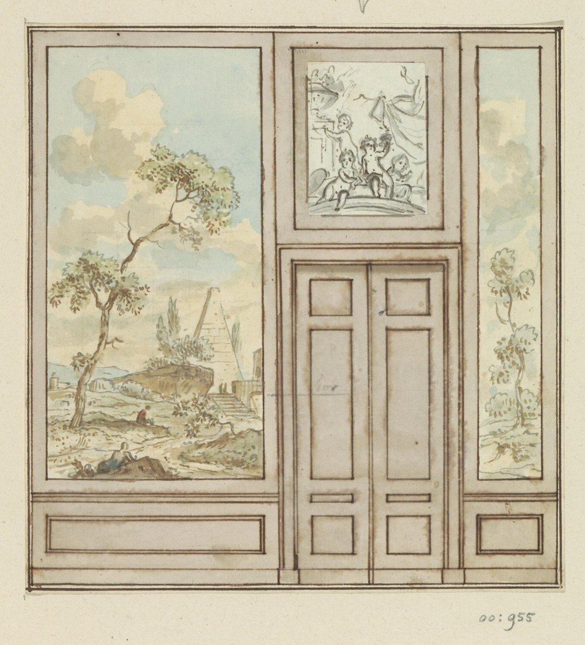 Ontwerptekening voor een kamerwand met deur door Jurriaan Andriessen