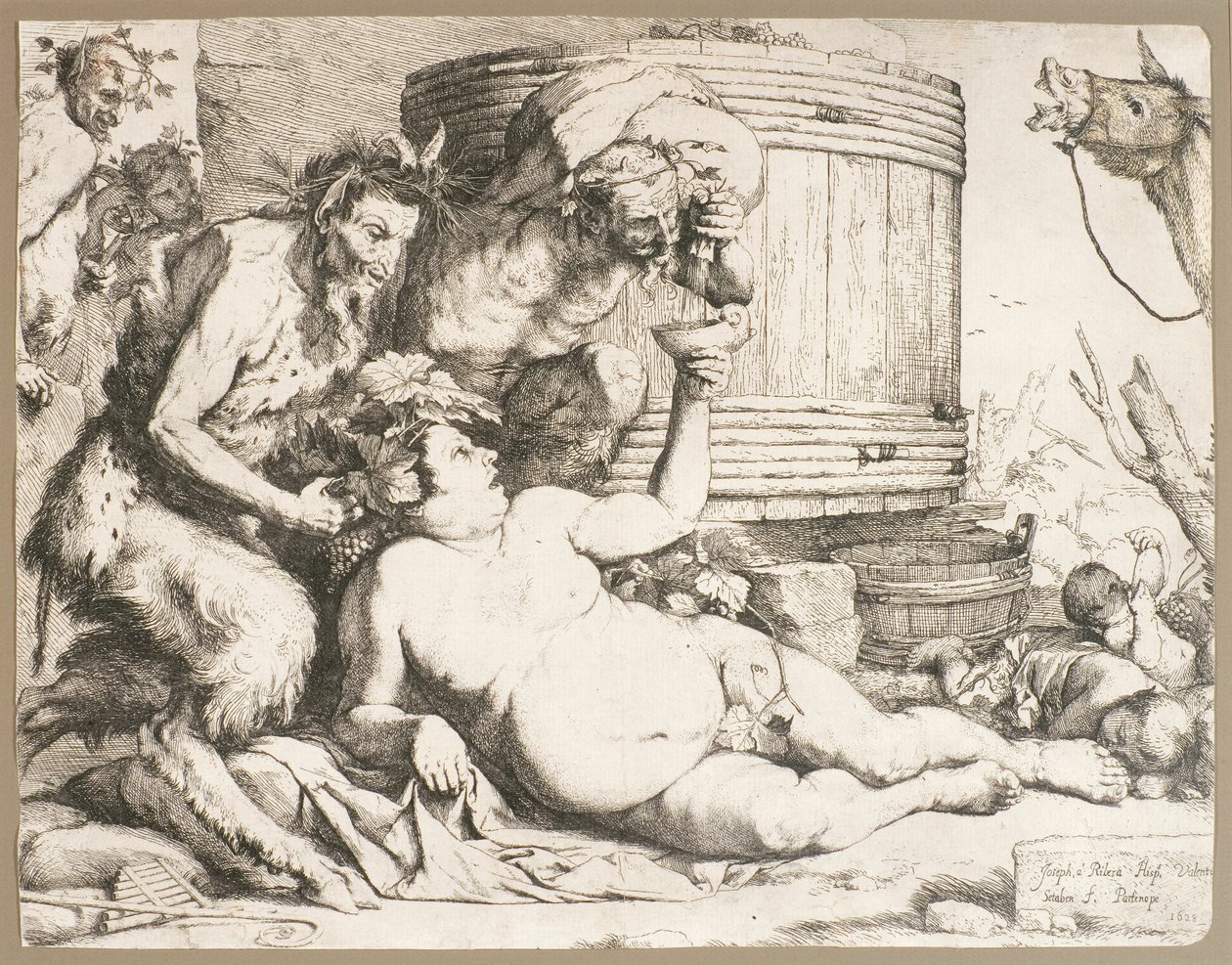 Silenus bij het wijnvat, 1628 door Jusepe de Ribera