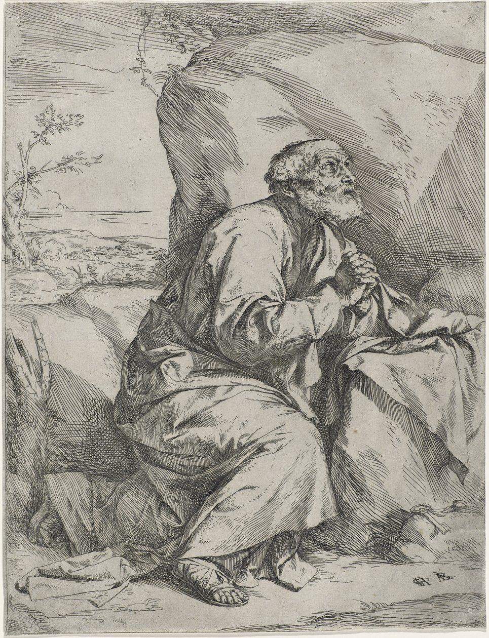 De berouwvolle Sint-Pieter, ca. 1621 (ets met gravure op velijnpapier) door Jusepe de Ribera