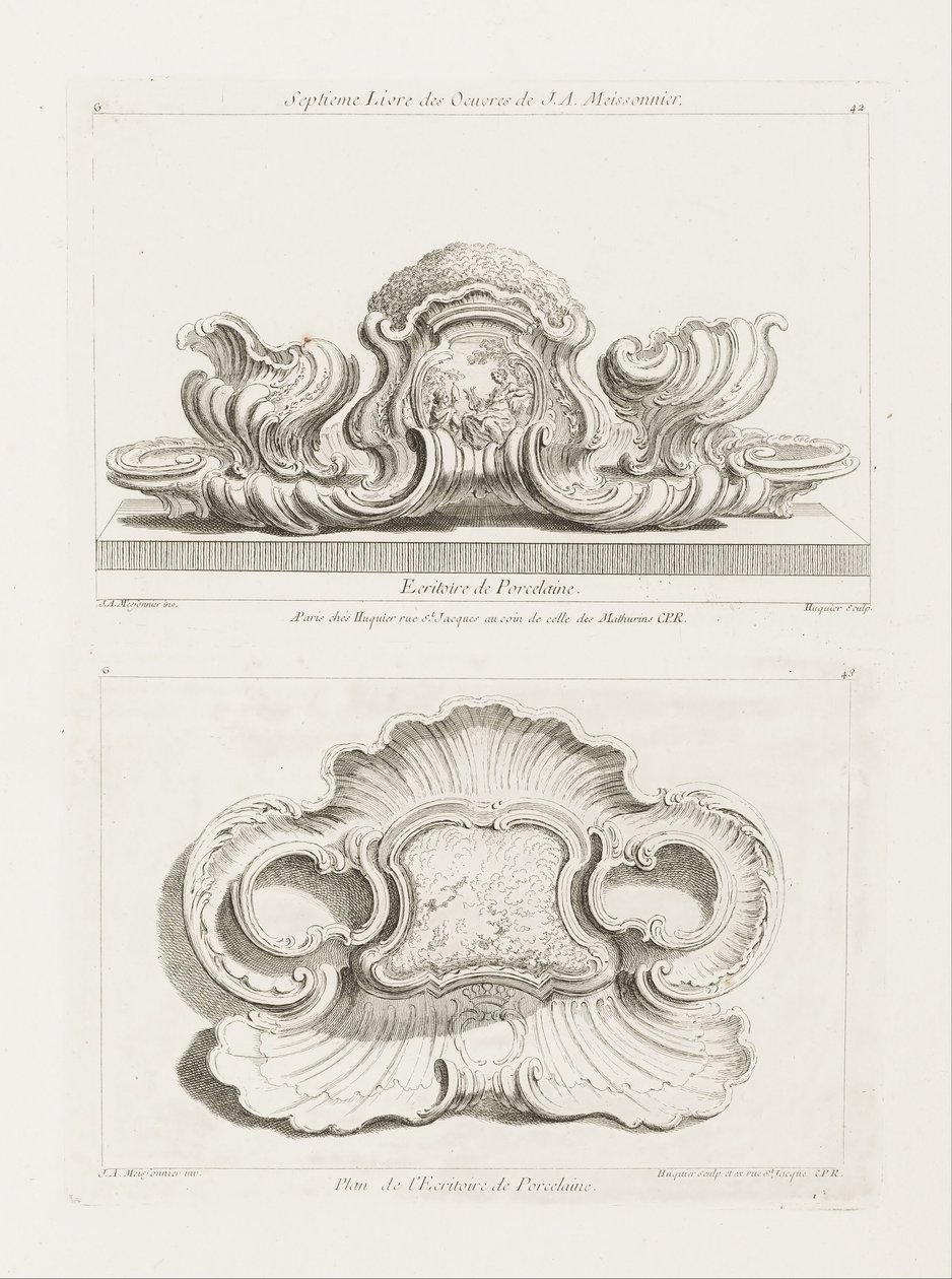 Verhoging van een porseleinen schrijfstel door Juste Aurèle Meissonnier