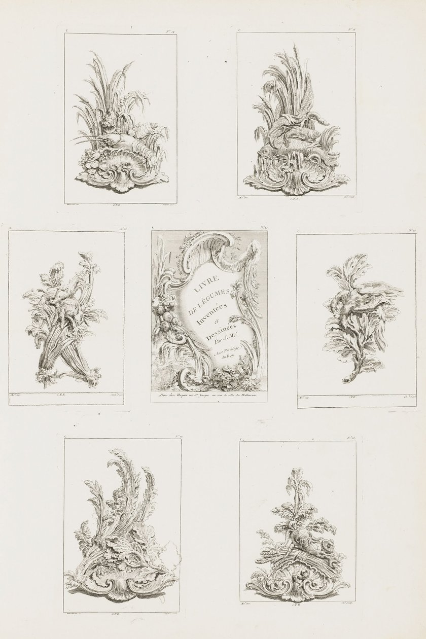 Ornamentontwerp met Kreeftmotief, pl. 14 in Livre des Légumes (Serie van Groenteornamenten) door Juste Aurèle Meissonnier