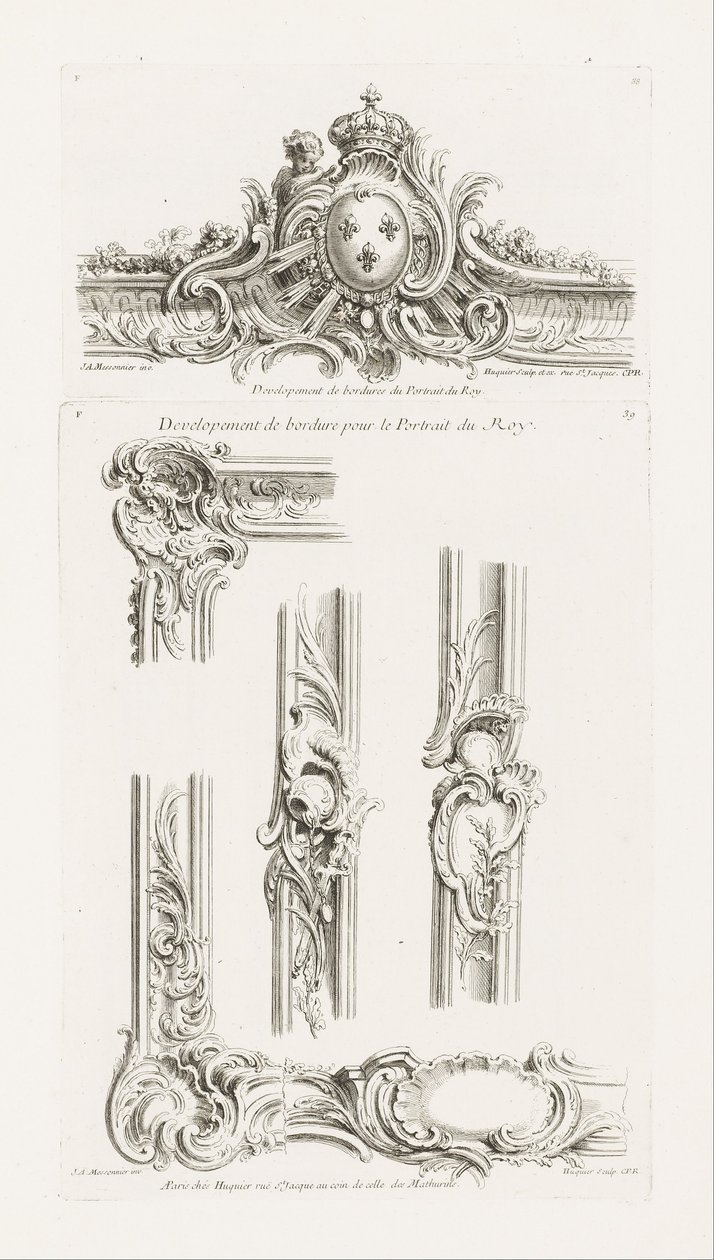 Ontwerp van cartouche met de wapens van de koning gecentreerd in een rand door Juste Aurèle Meissonnier