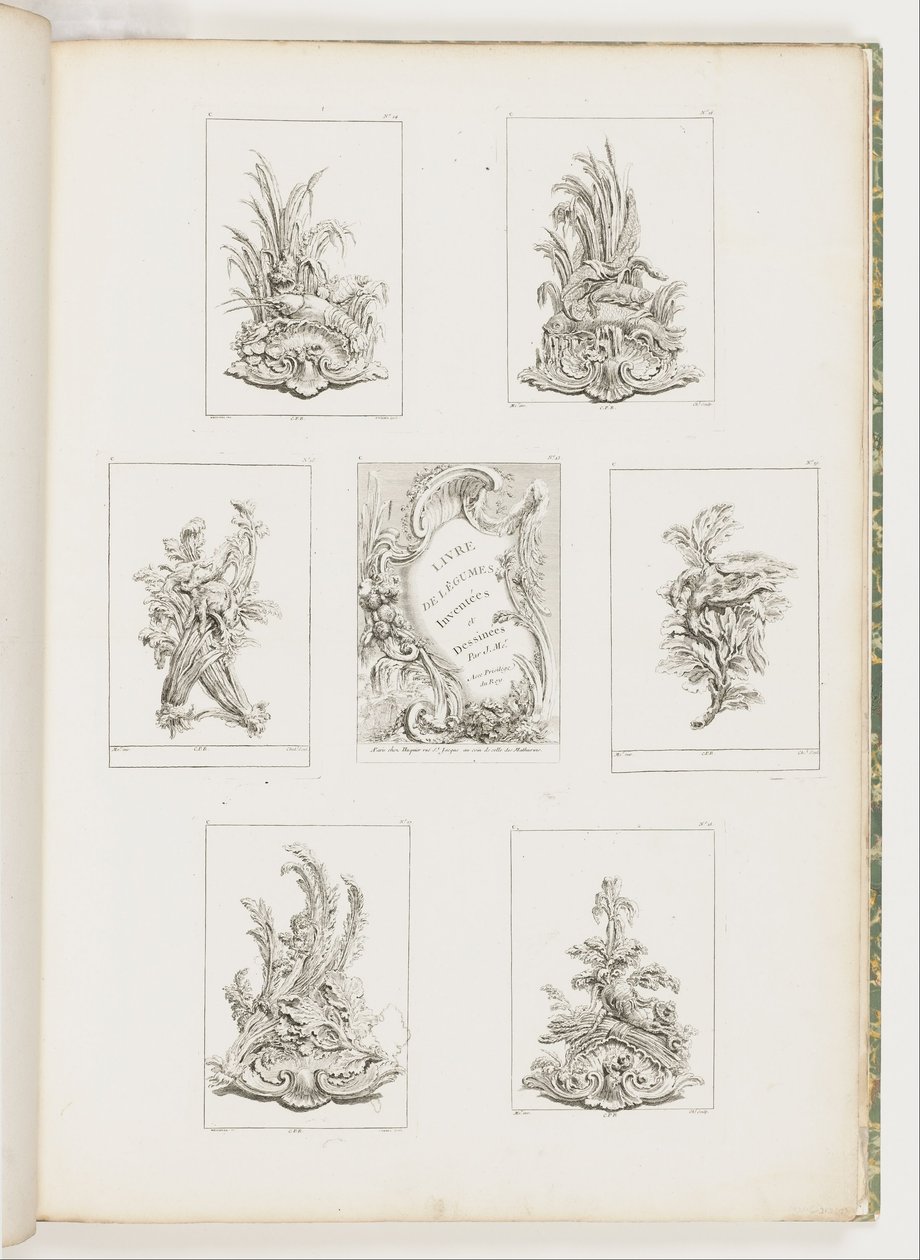 Ornamentontwerp met rivierkreeftmotief, pl. 14 in Livre des Légumes (Serie van groenteornamenten) door Juste Aurèle Meissonnier