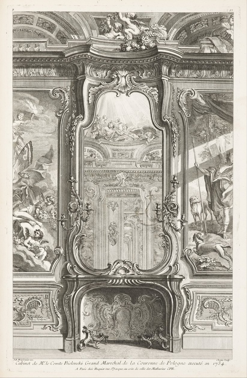 Cabinet of Count Bielenski Grootmaarschalk van de Kroon van Polen uitgevoerd in 1734; Chimneypiece met spiegel, met een deel van de ondersteunende lambrisering en schilderijen aan elke kant, 1e Plaat door Juste Aurèle Meissonnier