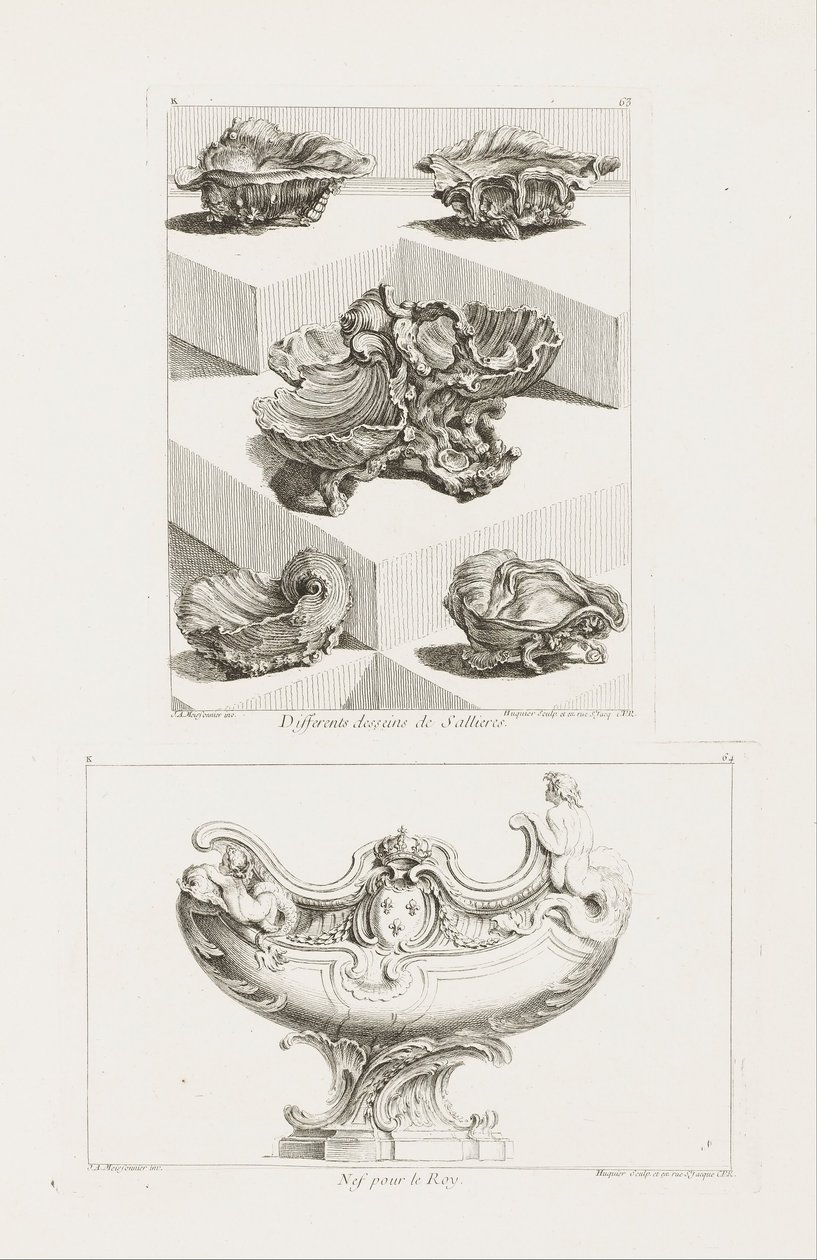 Differents Desseins de Sallieres (Verschillende ontwerpen voor zoutvaatjes), pl. 63 in Oeuvre de Juste-Aurele door Juste Aurèle Meissonnier
