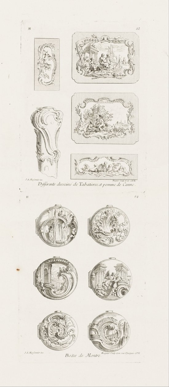 Differents desseins de Tabatières, et pomme de canne, cinquième planche, pl. 53 in Oeuvre de Juste-Aurèle Meissonnier door Juste Aurèle Meissonnier