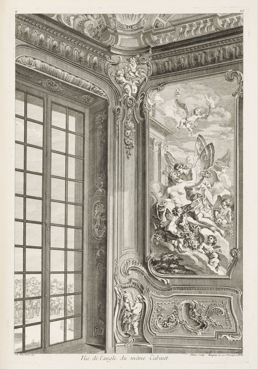Hoekaanzicht van hetzelfde kabinet; Hoekaanzicht van hetzelfde kabinet, met links een groot raam en rechts het schilderij van Zephyr en Flora, 2e plaat door Juste Aurèle Meissonnier