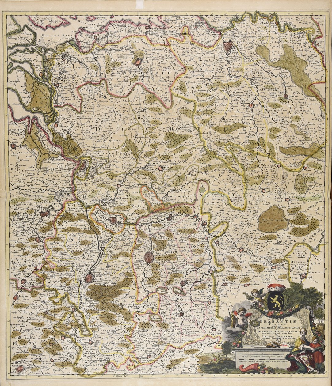 Ducatus Brabantiae tabula : continens Sacri imperii Marchionatum et Dominium Mechliniense / de novo accurate emendata per Iustinum Danckerum. door Justus Danckerts