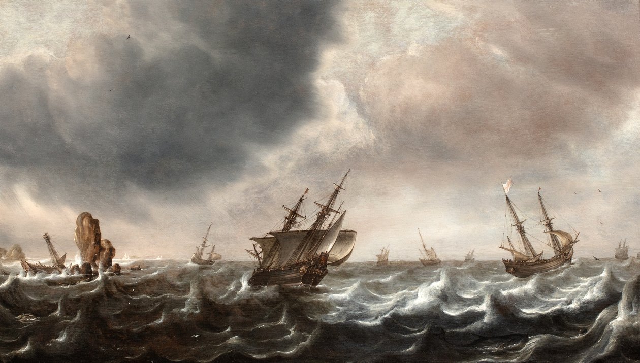 Schepen in woelige zee met een walvis op de voorgrond door Justus de Verwer