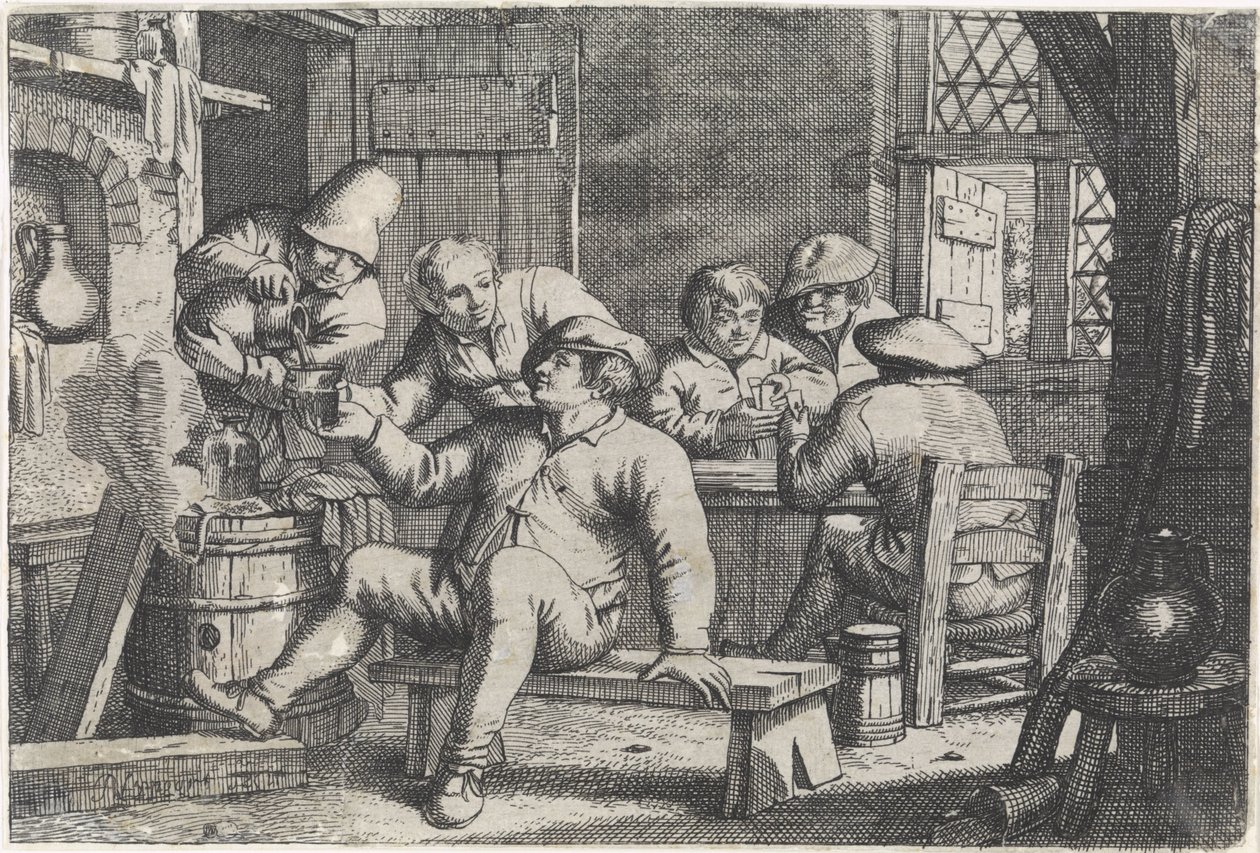 Interieur met kaartende boeren door Justus van den Nijpoort
