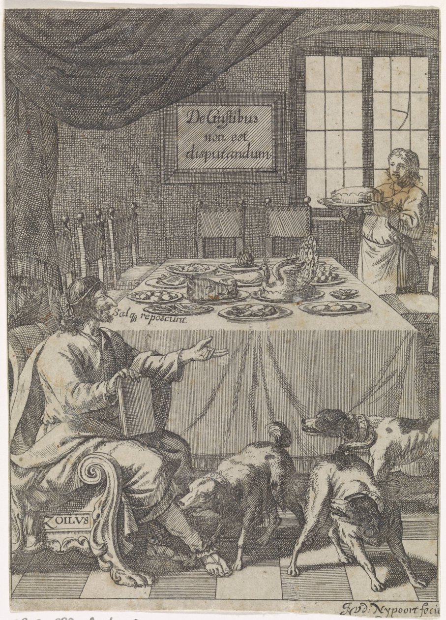 Zoilus zit bij een gedekte tafel door Justus van den Nijpoort