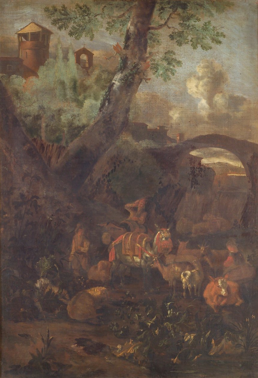 Landschap met muilezels en geiten door KMS 980 Monogrammist I.L.