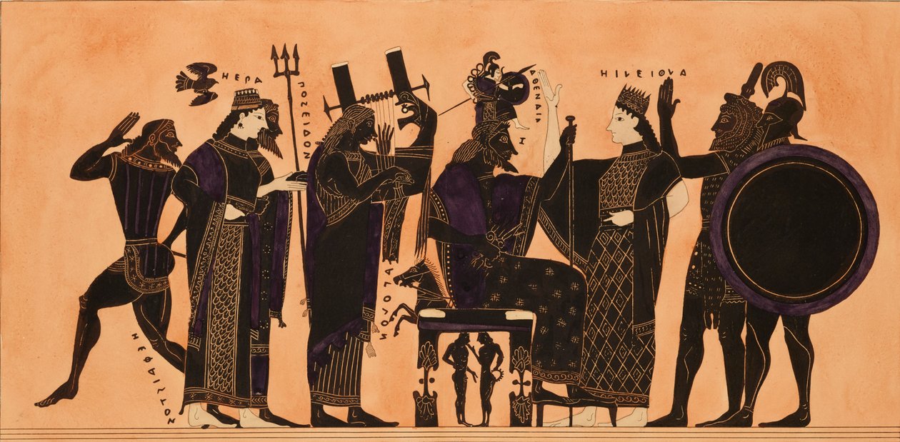 Afdruk van de decoratie op een Griekse amphora, met Hephaestus, Hera, Poseidon..., ca. 1844 door Kaeppelin et Compagnie