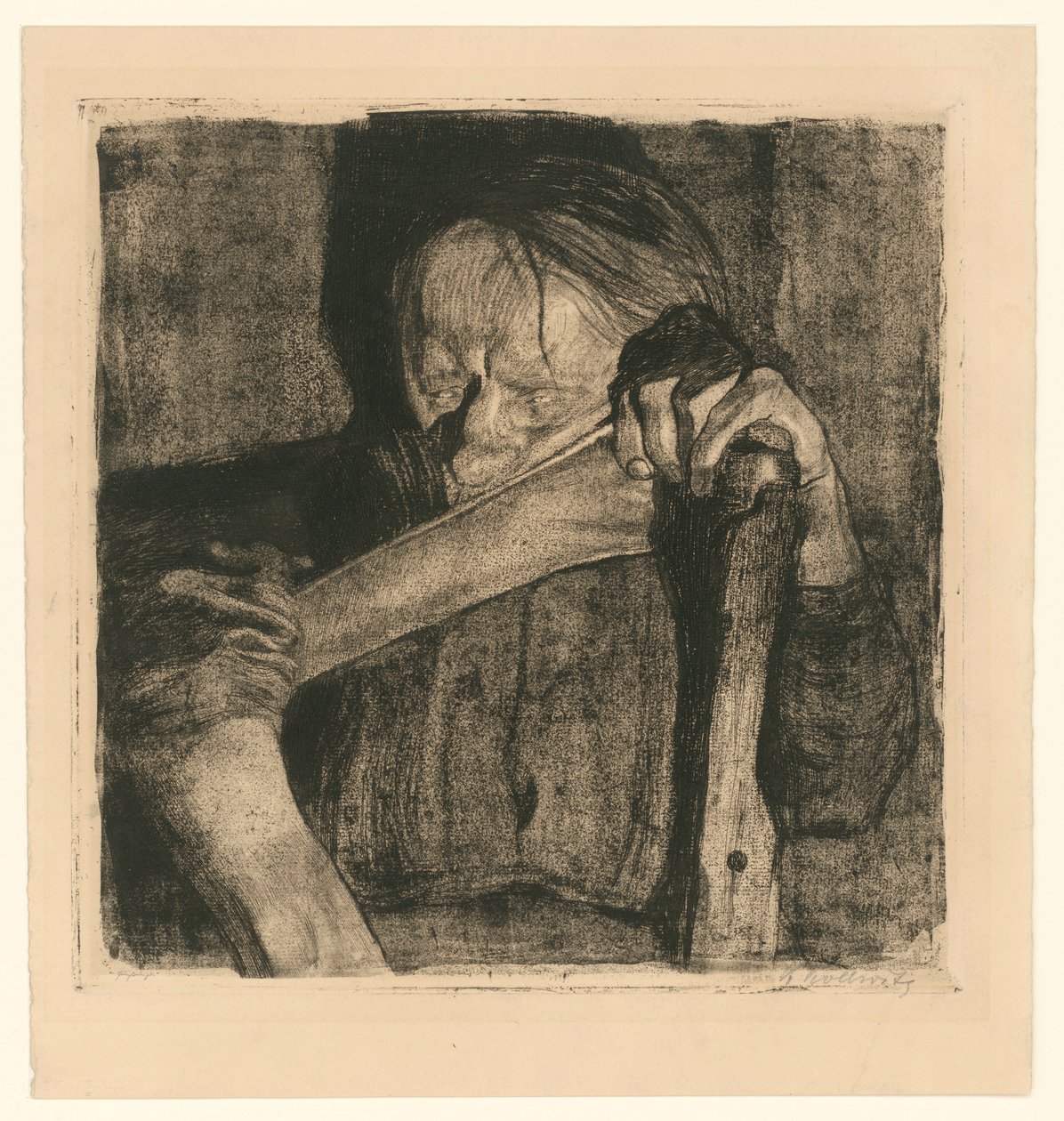 Tijdens het hameren (blad 3 uit „Bauernkrieg“, 5e staat) door Käthe Kollwitz