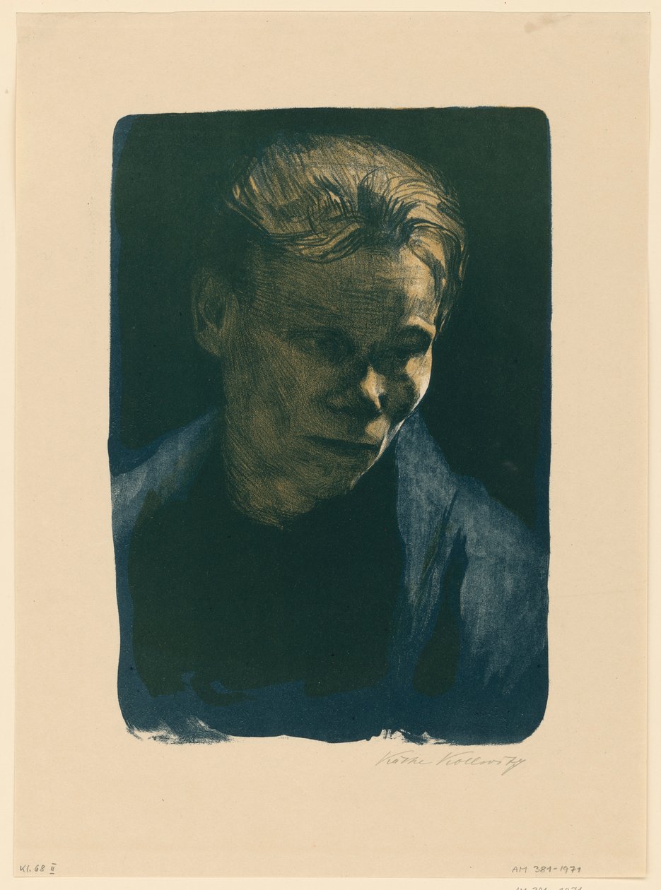 Borstbeeld van een arbeidersvrouw met een blauwe sjaal (1e versie) door Käthe Kollwitz