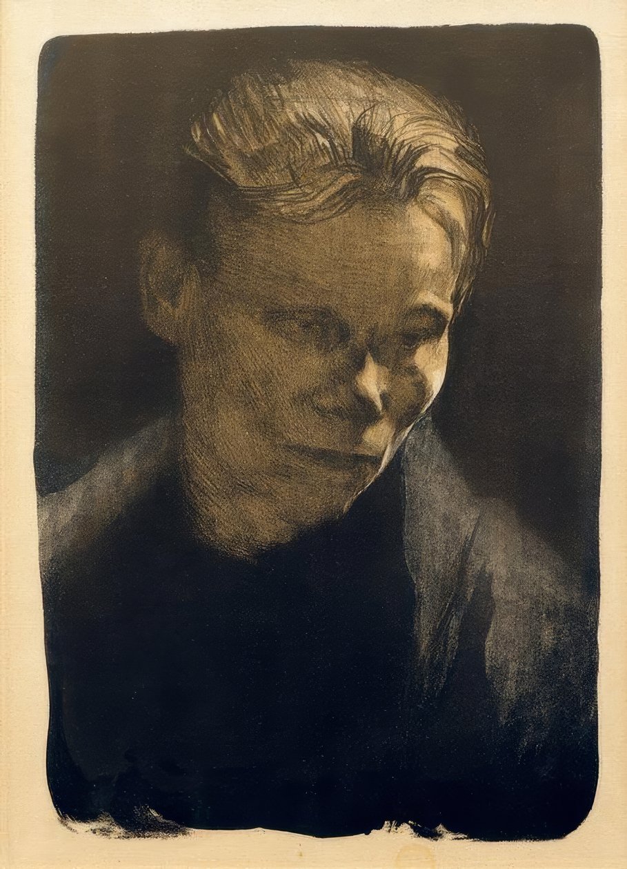 Borstbeeld van een arbeidersvrouw met blauwe doek door Käthe Kollwitz