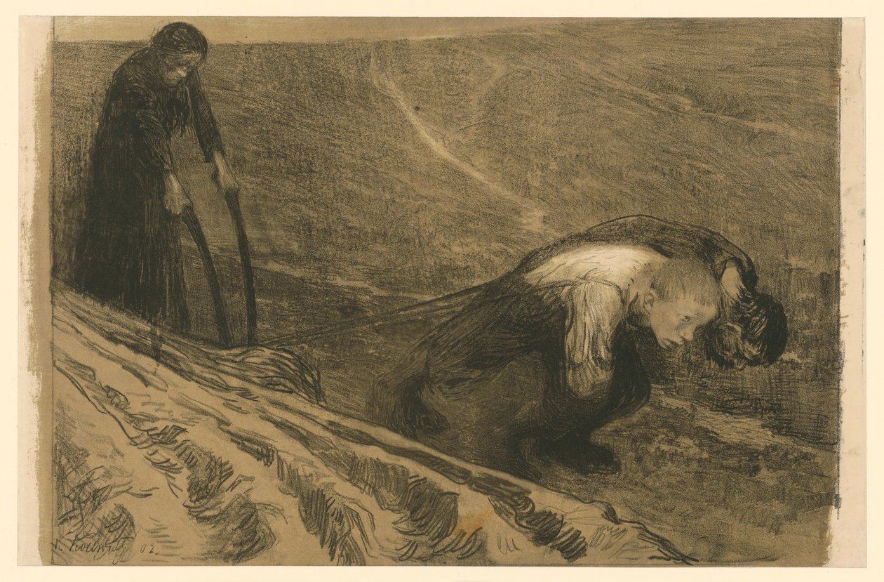De ploegtrekker en zijn vrouw (afgewezen versie op blad 1 uit „Bauernkrieg“, 1e staat) door Käthe Kollwitz