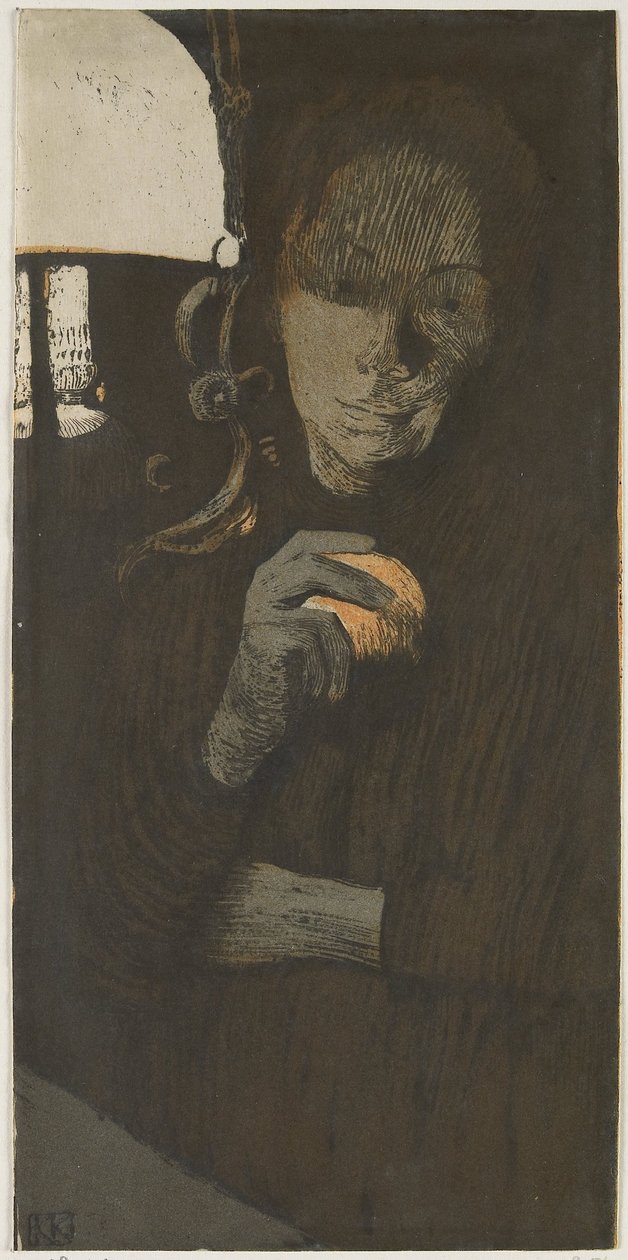 Portret van een onbekende vrouw met sinaasappel bij een lamp door Käthe Kollwitz