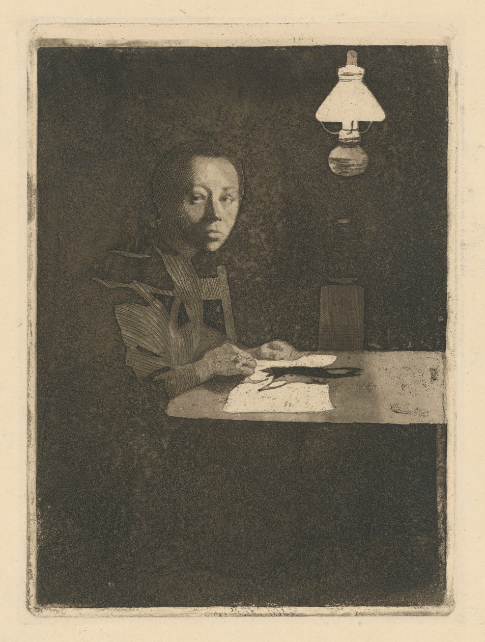 Zelfportret aan tafel (definitieve versie, 3e versie) door Käthe Kollwitz
