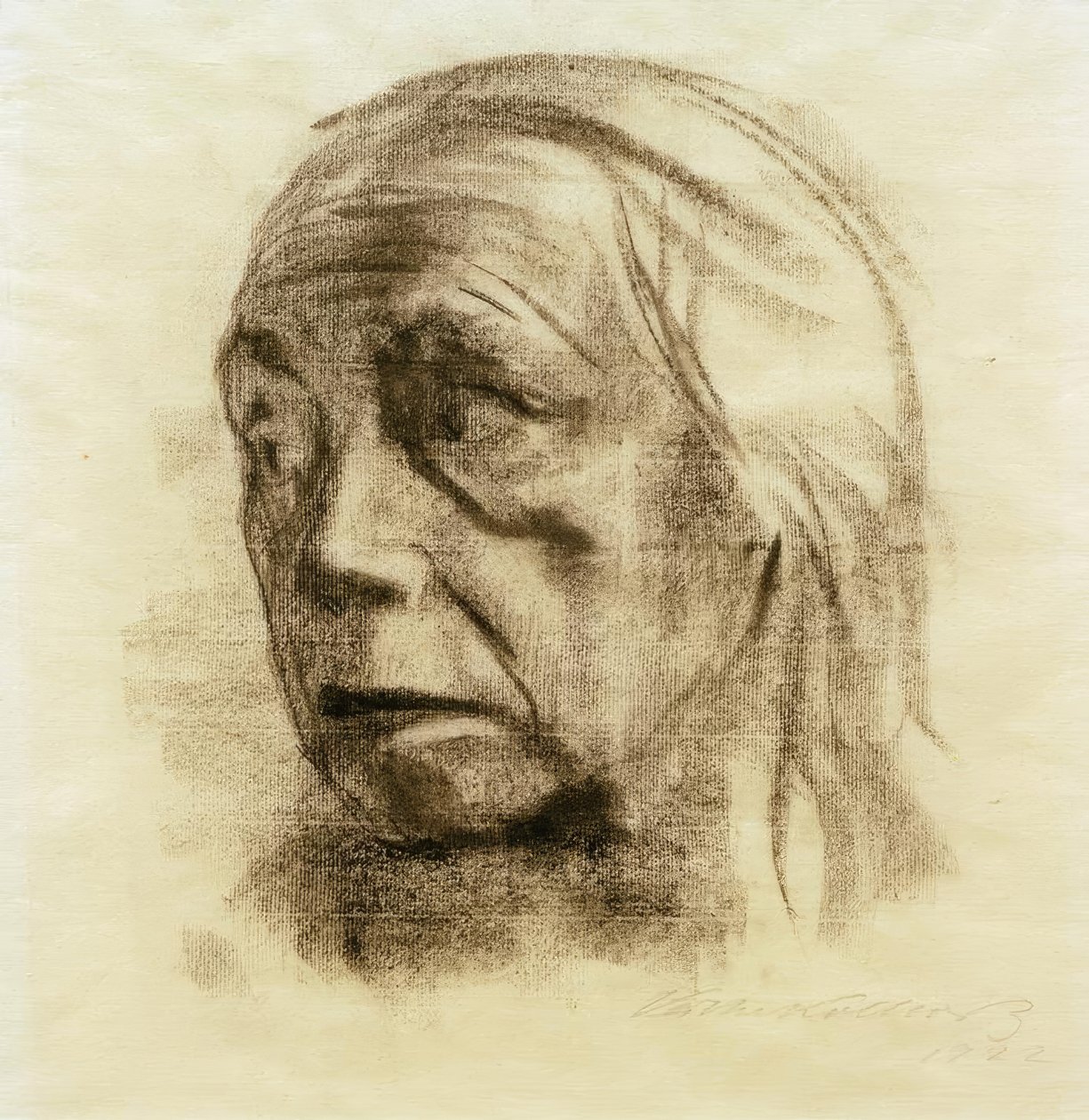 Zelfportret in driekwart aanzicht naar links door Käthe Kollwitz