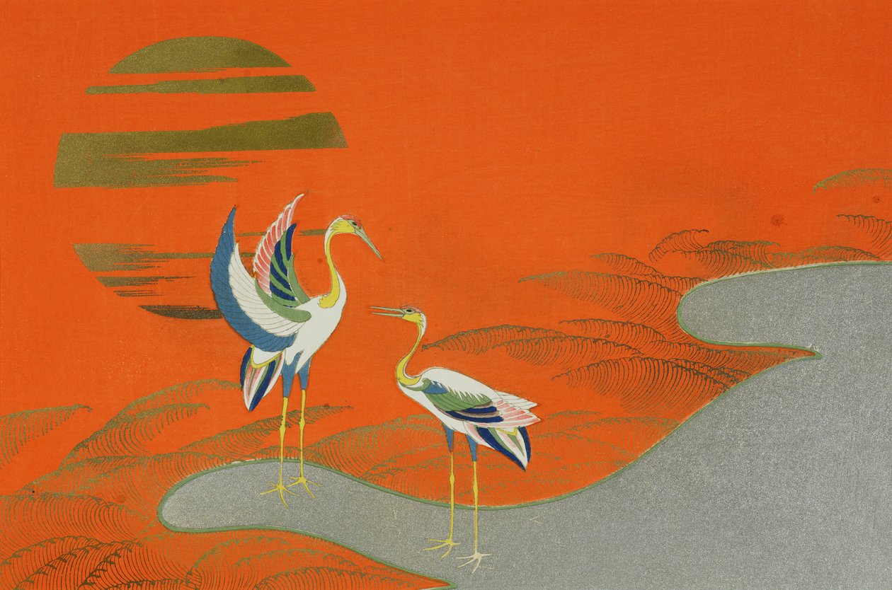 Vogels bij zonsondergang op het meer door Kamisaka Sekka