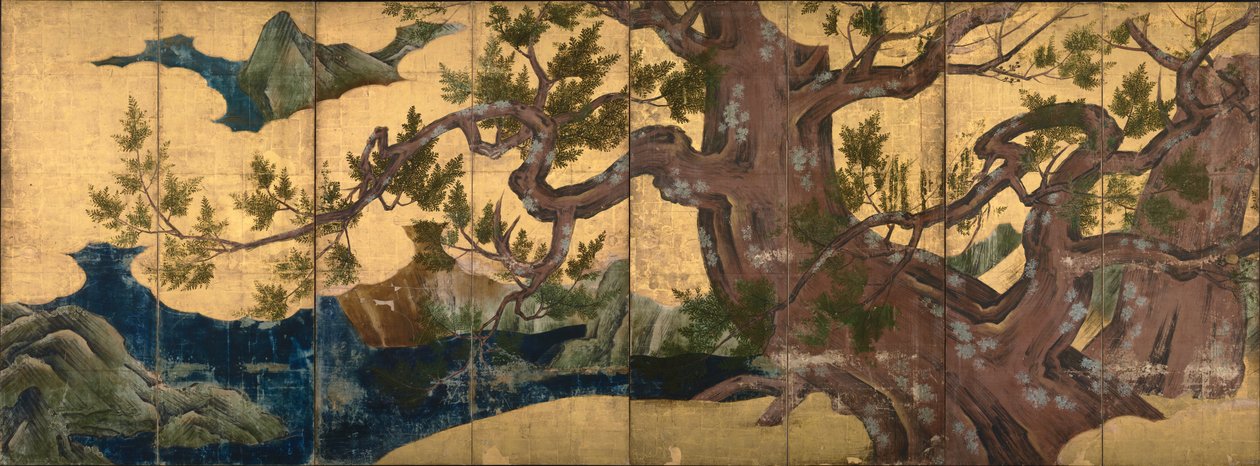 kamerscherm met afbeelding van een cipresboom door Kano Eitoku