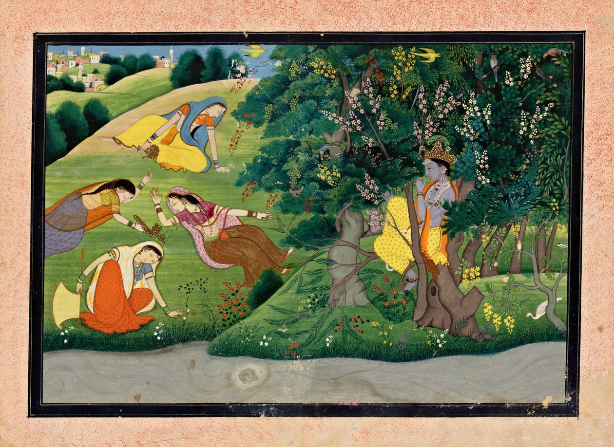 Krishna Fluitend naar de Melkmeisjes door Unknown