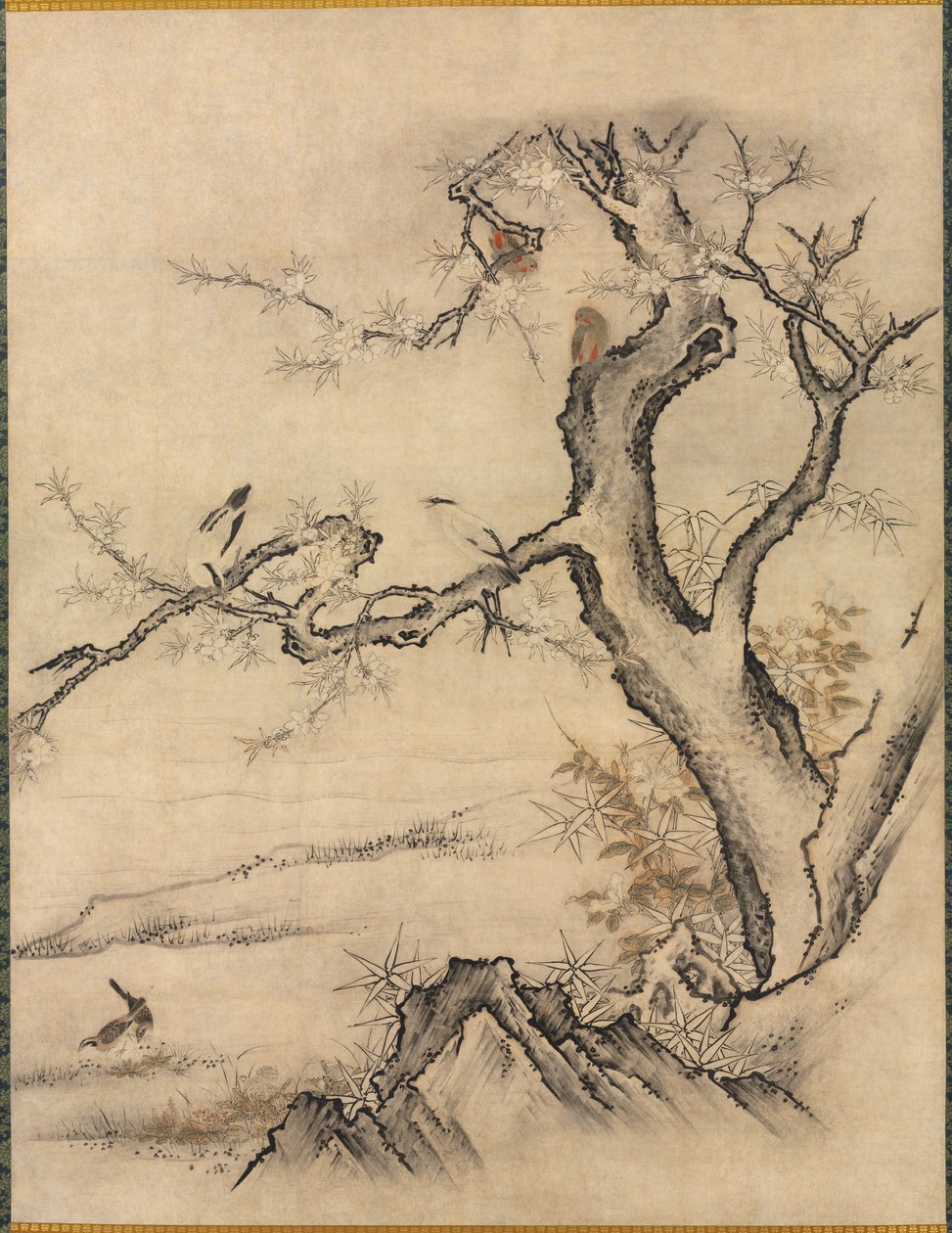 Bloemen en Vogels in een Lente Landschap, 1500s door Kano Motonobu