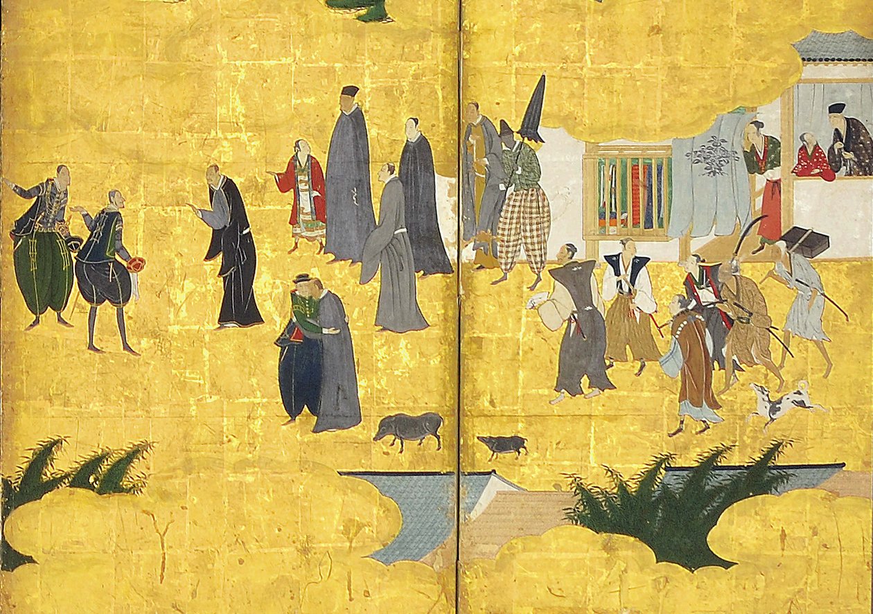 (detail) van de Zuidelijke Barbaren komen handelen, paar van zes-paneelschermen, begin 17e eeuw door Kano Naizen