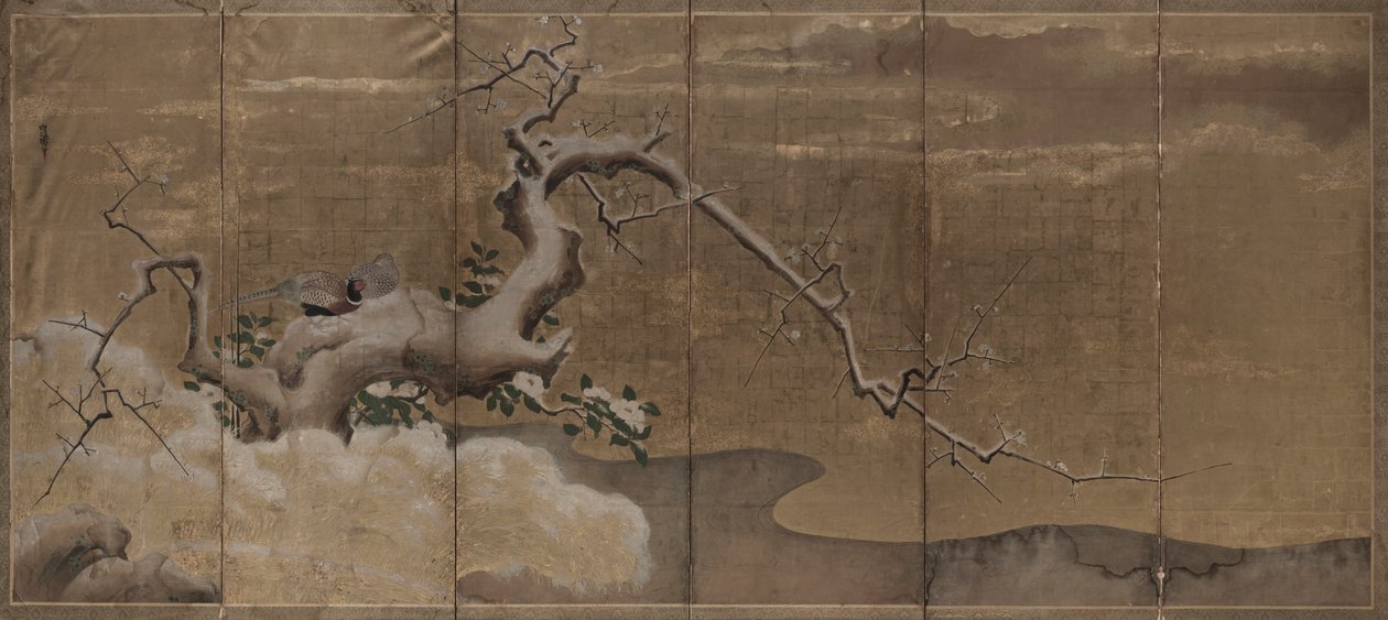 Winterscène met Pruimenbomen en Fazanten (Vogels Rechts) door Kano Naonobu