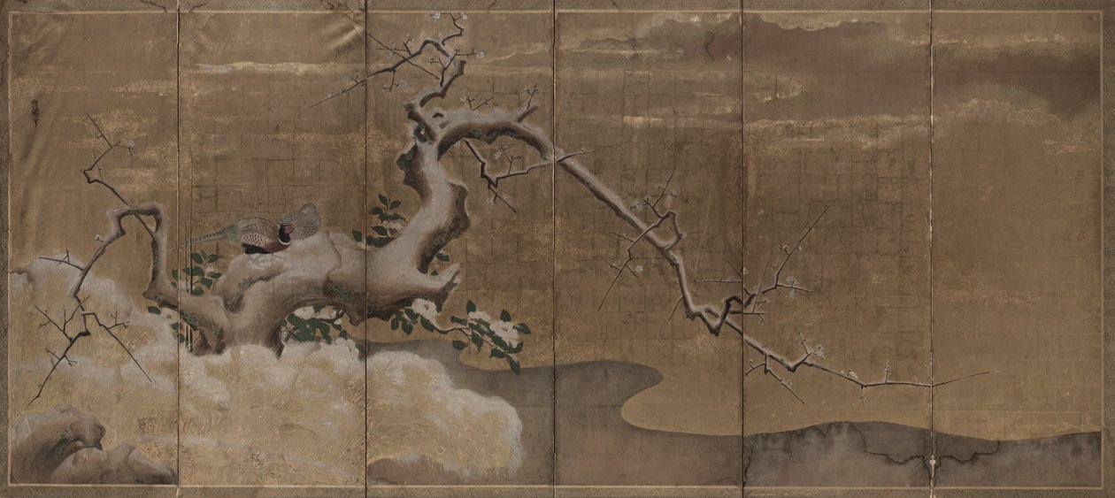 Winterscène met pruimenbomen en fazanten, vroege 1600s door Kano Naonobu