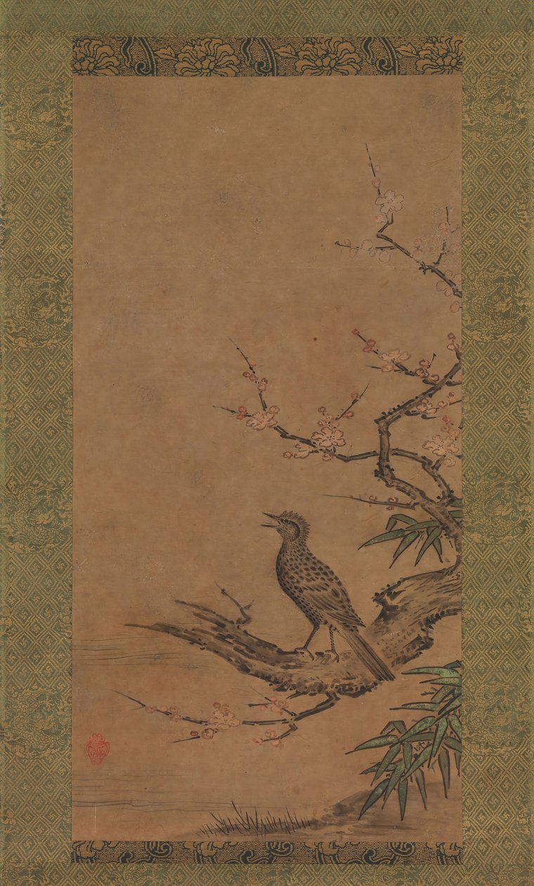 Bruin-Oor Bulbul Hiyodori op een Tak van Pruim door Kano Shoei