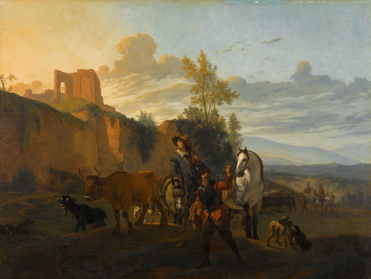 Italiaans landschap met soldaten door Karel (after) Dujardin