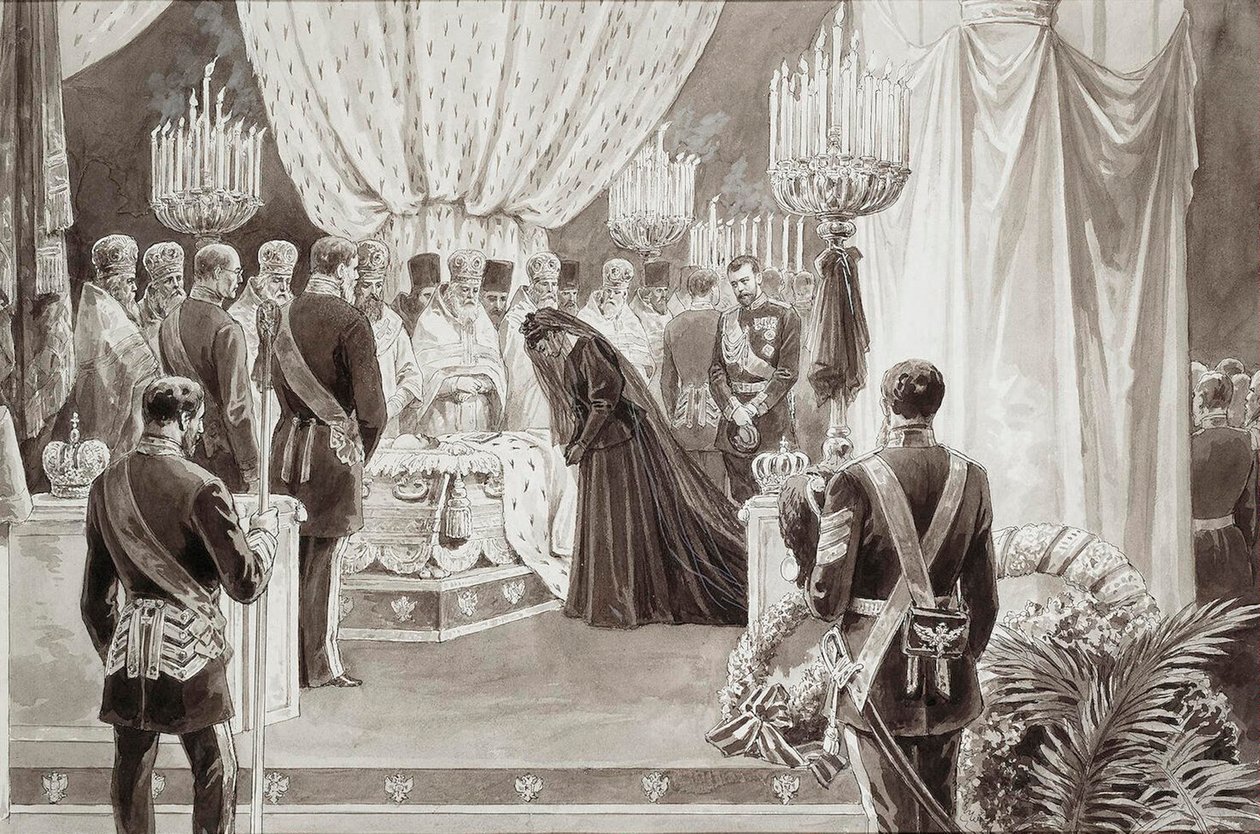 Begrafenis van keizer Alexander III in de St. Petrus en Pauluskathedraal in Sint-Petersburg, 1894 door Karel Brozh