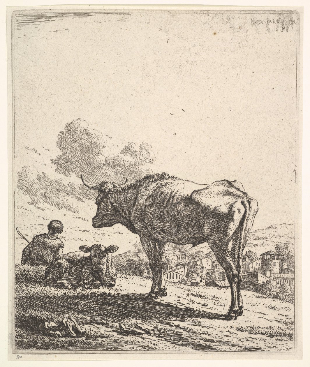 Koeherder met koe en kalf op een heuvel, de koeherder van achteren gezien en zittend, 1658 door Karel Du Jardin