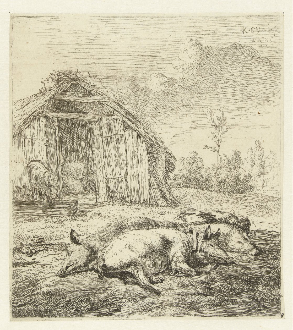 Drie varkens voor een hok door Karel Du Jardin
