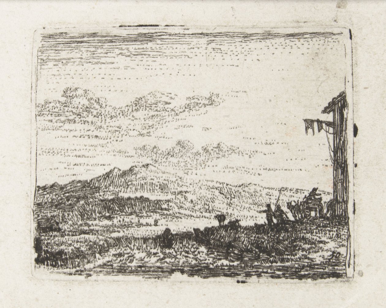 Italianiserend landschap met wagen bij herberg door Karel Du Jardin