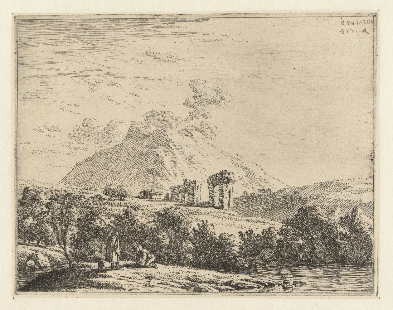 Landschap met ruïne en twee mannen met een hond door Karel Du Jardin