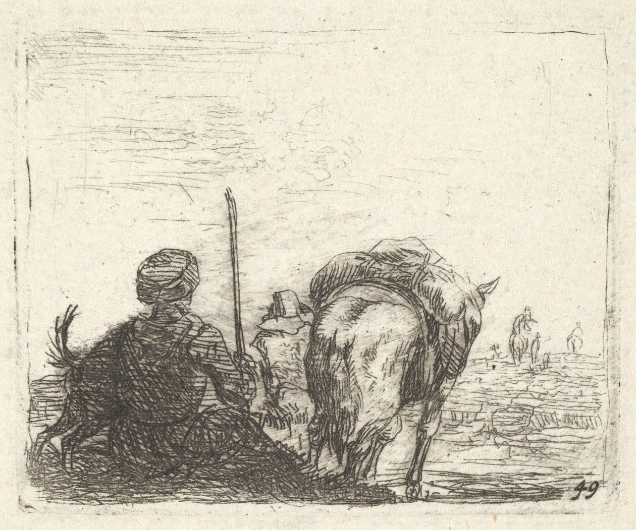 Pakpaard, zittende man met staf in rechterhand, en hond, allemaal van achteren gezien..., ca. 1641-78 door Karel Du Jardin