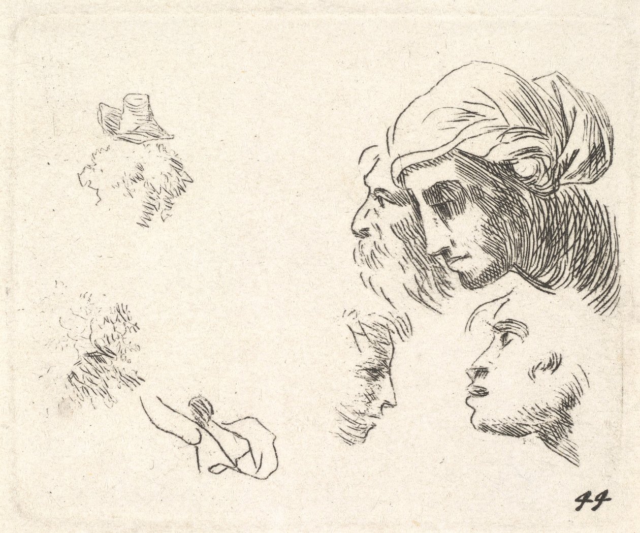 Studie van hoofden in profiel, een vrouw met hoofddoek en een bebaarde man wiens hoofden ..., ca. 1641-78 door Karel Du Jardin