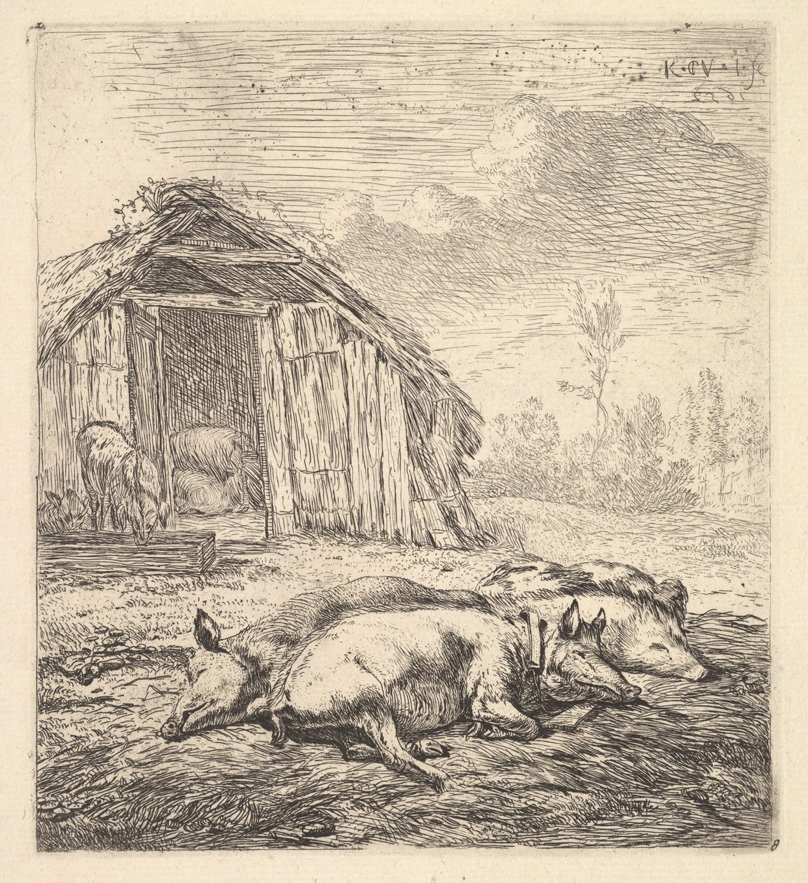 Drie Varkens die op hun Zij Liggen, een Varkensstal en Voederbak op de Achtergrond door Karel Du Jardin