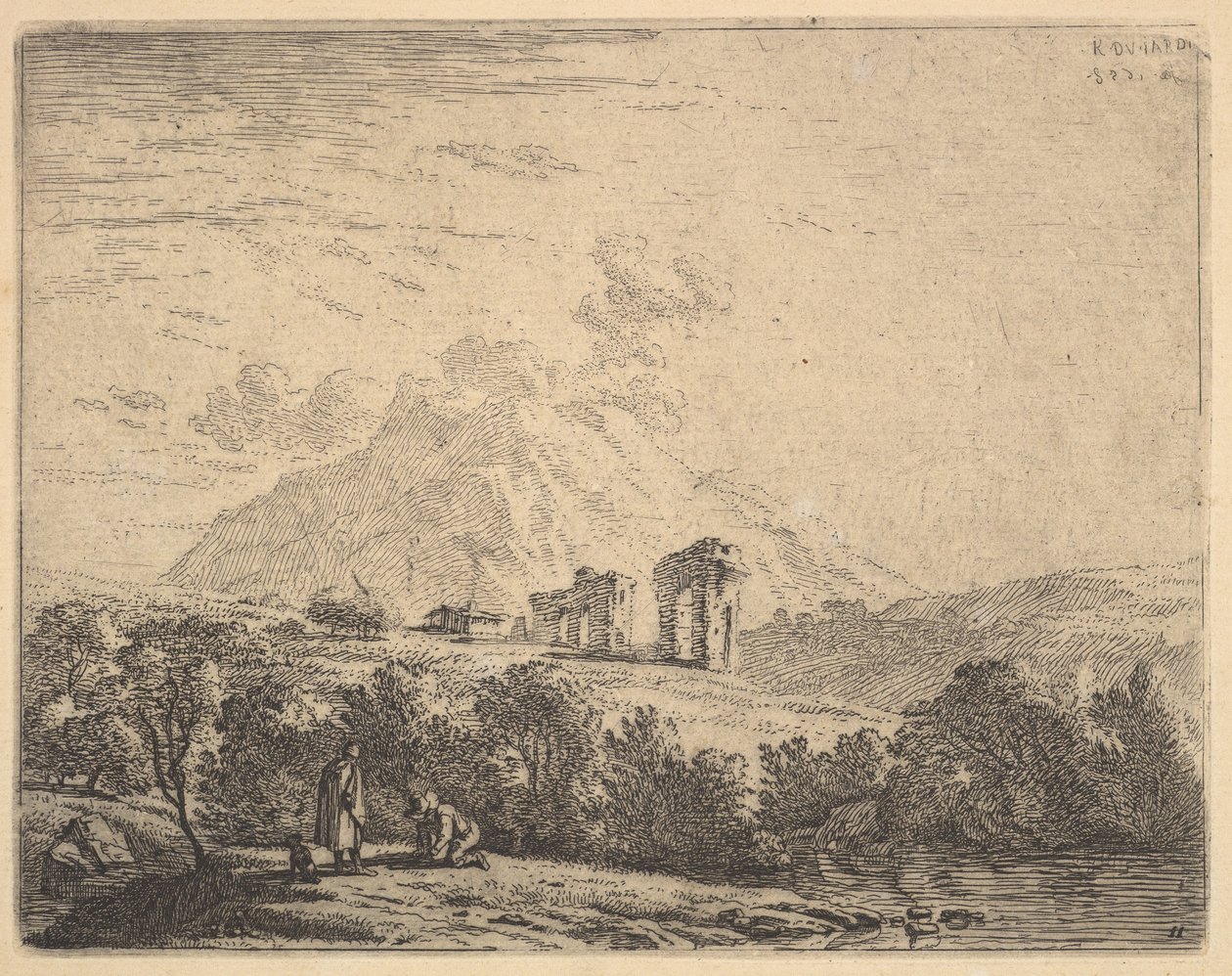 Uitzicht op heuvel met ruïnes, een aquaduct en bergtop daarachter, op de voorgrond een m..., 1658 door Karel Du Jardin