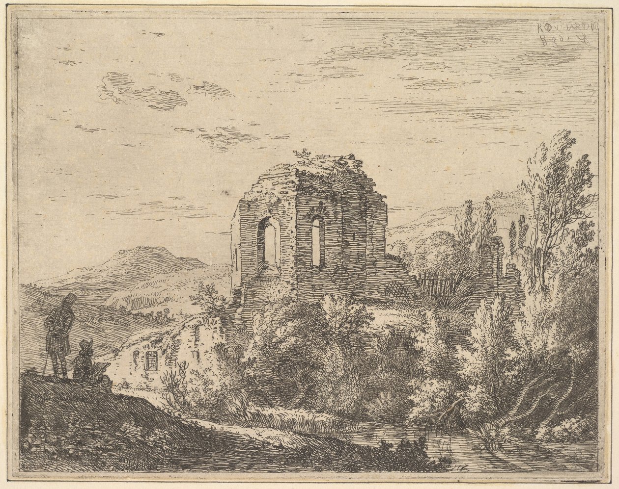 Zicht op ruïnes met de hoek van een gebouw met twee boogramen, in een landschap, 1658 door Karel Du Jardin