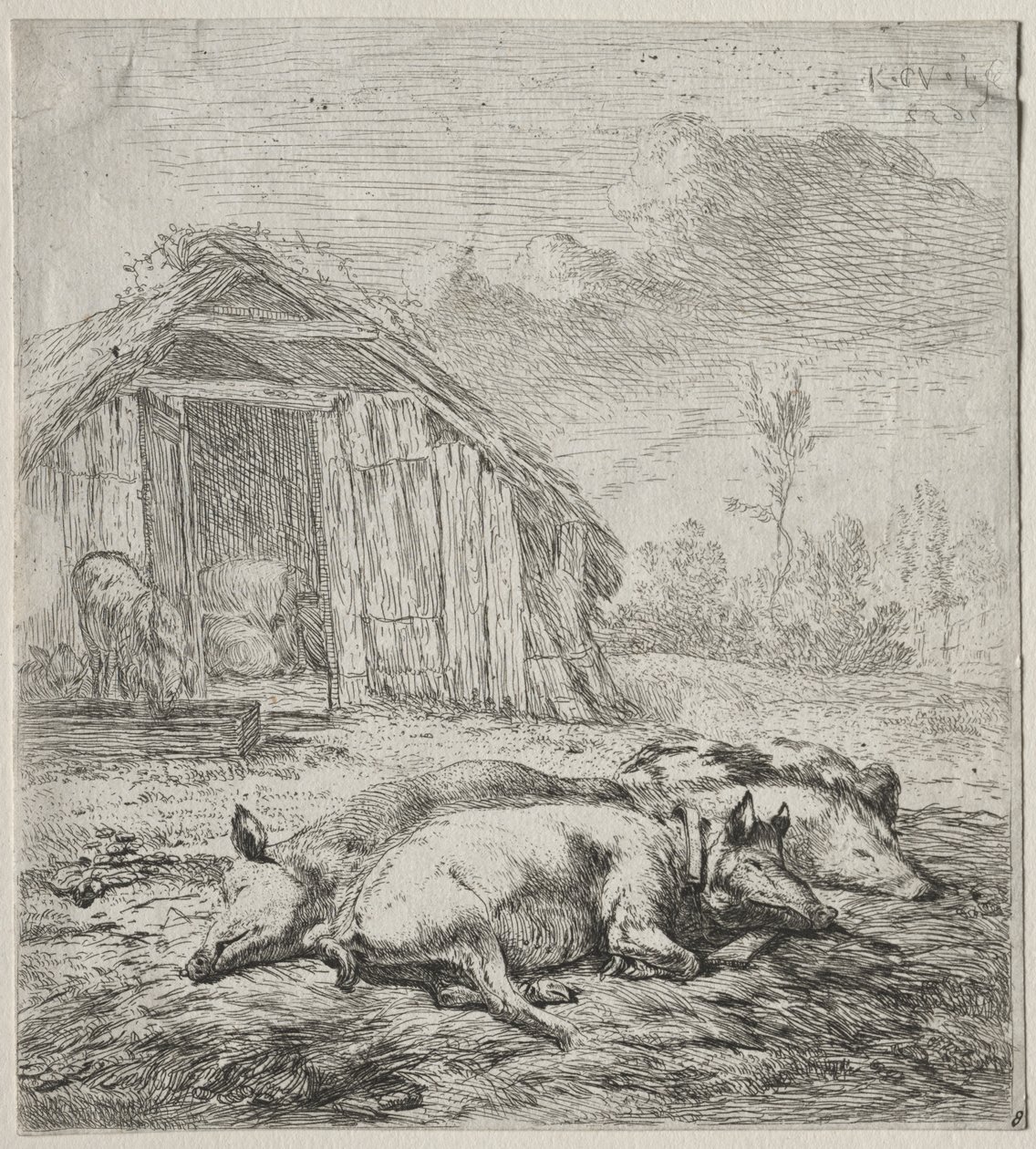 Drie Varkens Liggend voor een Stal door Karel Dujardin